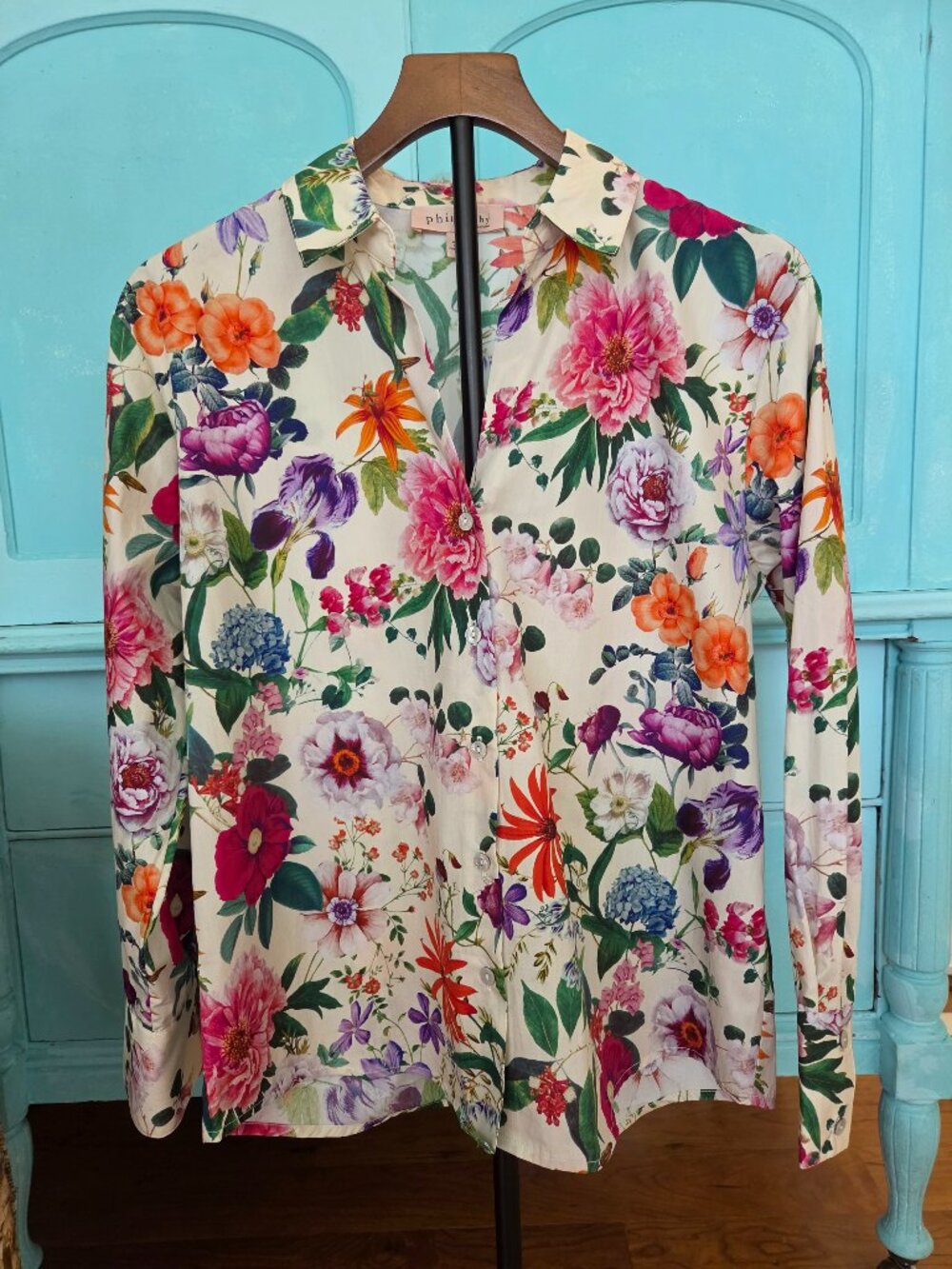 Philosophy Floral 100% Cotton Button Front Long Sleeve Shirt